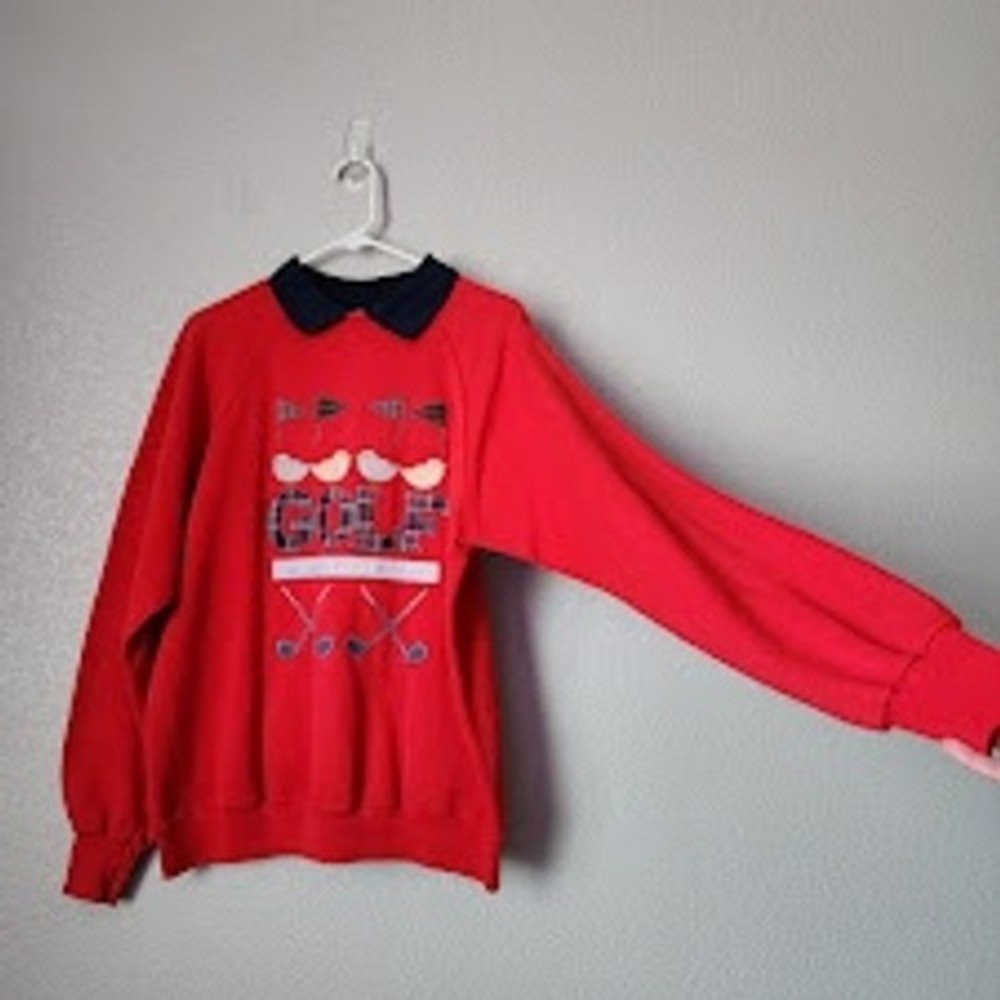 VALORIE SOCKWELL Folk Art Golf Appliqué‎ Collared Sweatshirt Preppy VTG 90's L - Picture 6 of 10